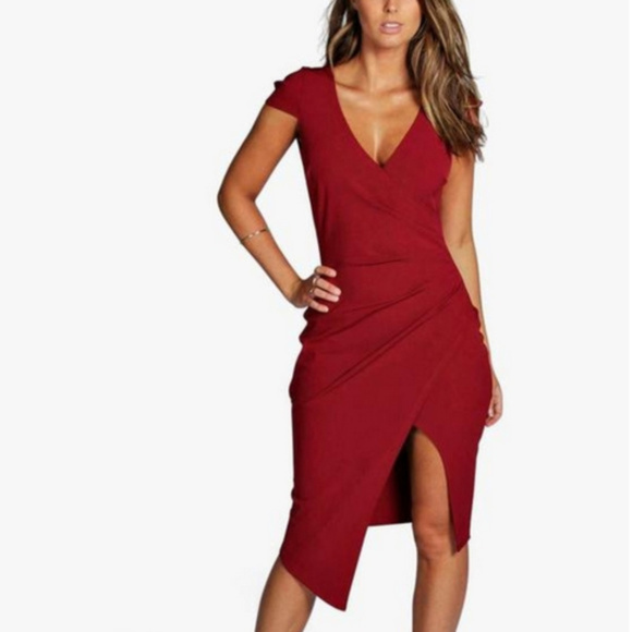 boohoo cap sleeve wrap midi dress